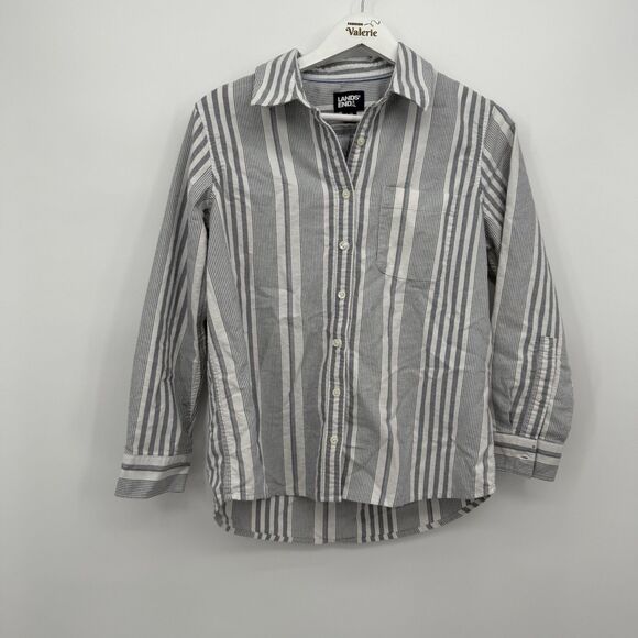 Lands End Grey & White Striped Button Up Top Size Small (6-8) Cotton Casual - Picture 1 of 8